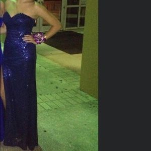 Navy sequin slit prom dress